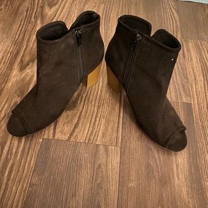 Black suede ankle booties with open toe